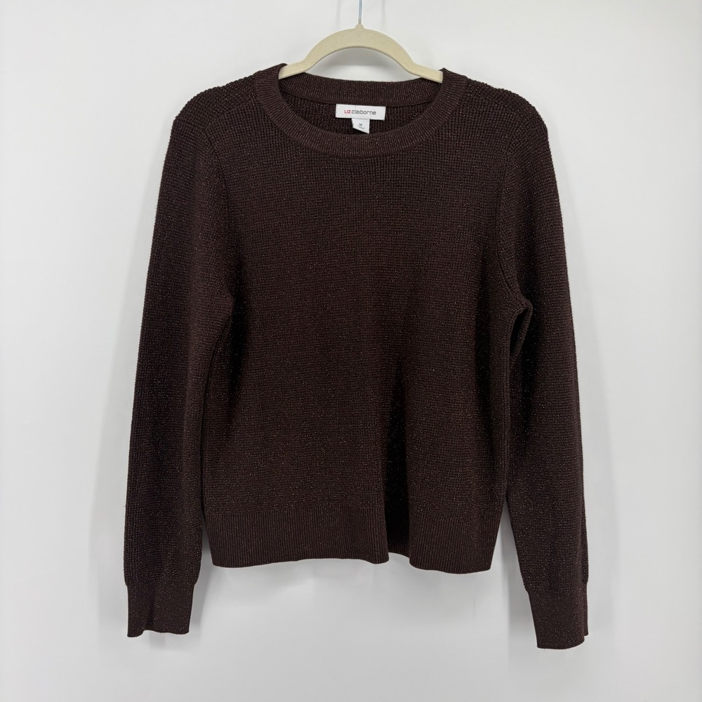 Liz Claiborne Womens Medium Brown Metallic‎ Shimmer Crew Neck Pullover Sweater
